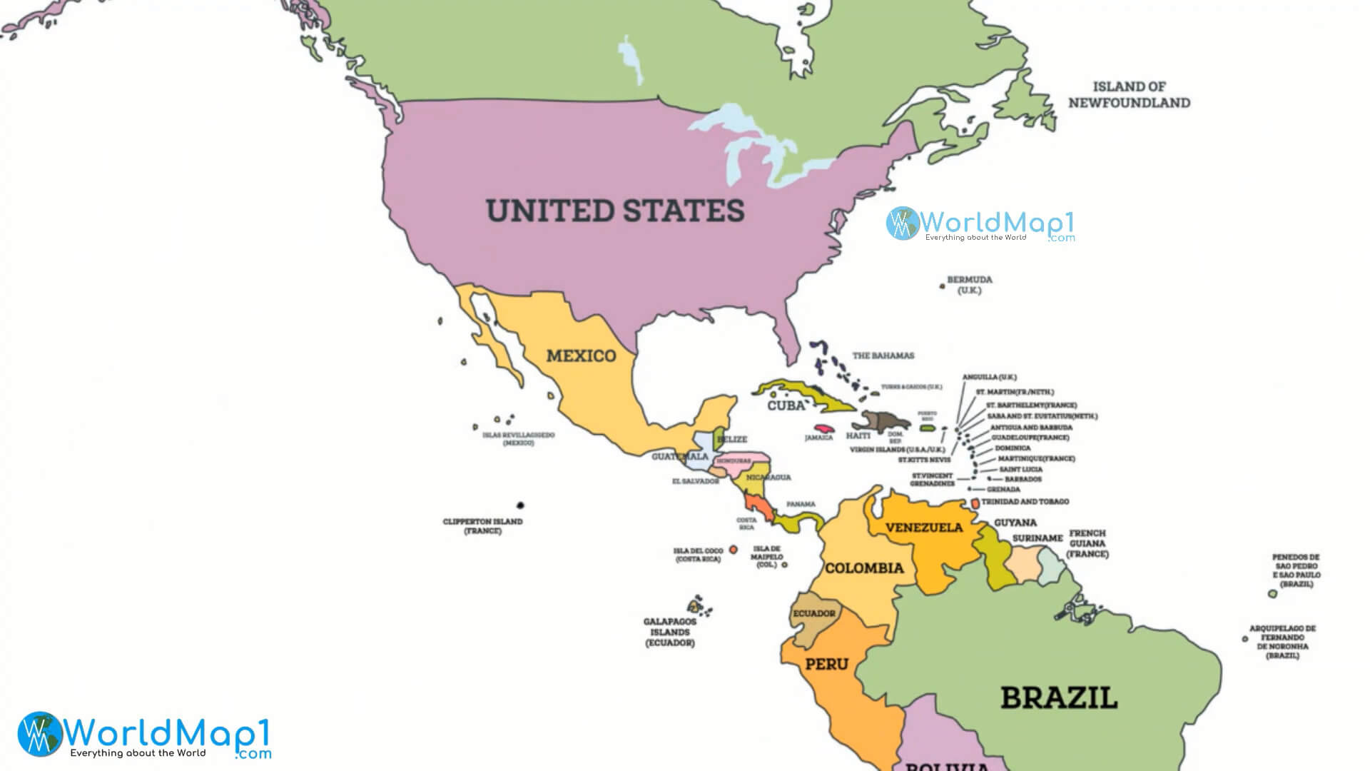 North America and South America Political Map